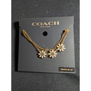 Coach New York Gold Tone Daisy Flower Crystal‎ Necklace
